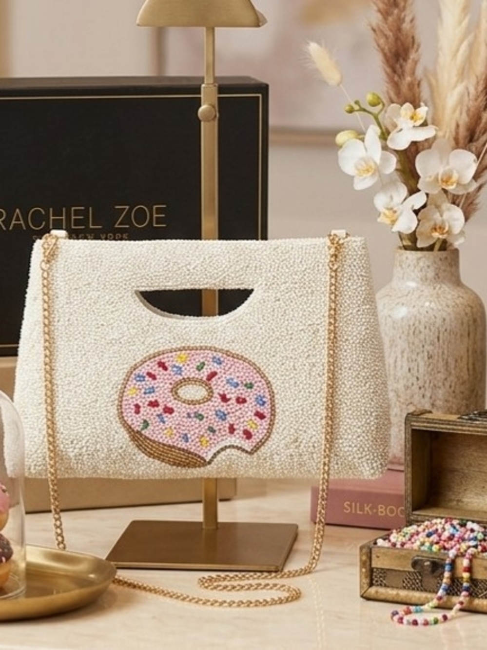 Rachel Zoe Cream Beaded Crossbody with Pink Donut Applique
